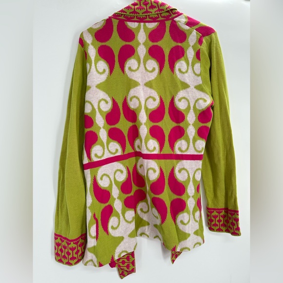 Neve Bright Pink Green Geometric Cotton Open Cardigan Sweater L Boho Mod - Picture 2 of 6